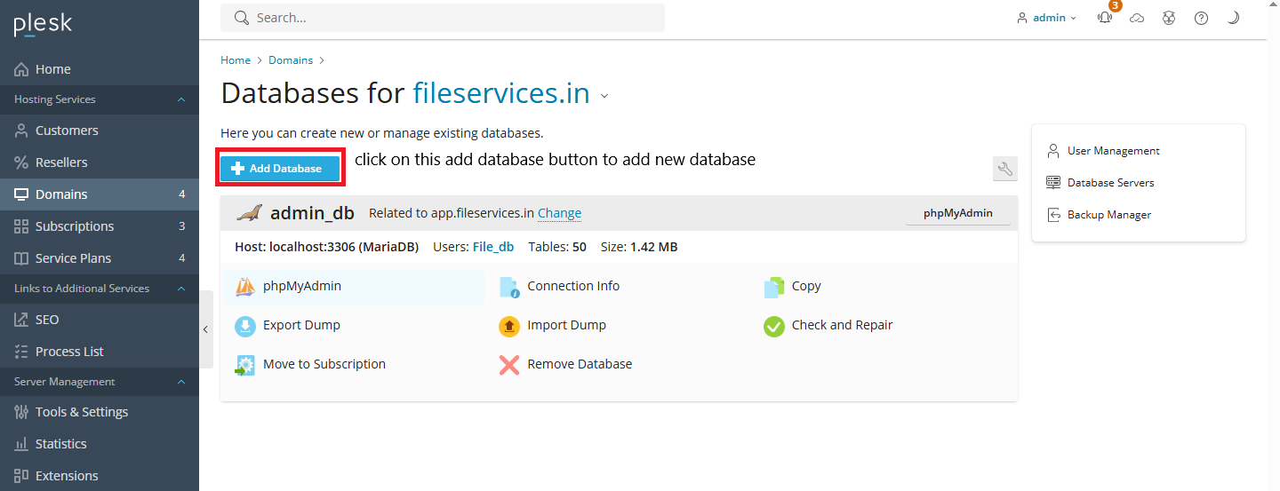 Plesk interface showcasing the creation of a new database for the tuning file platform
