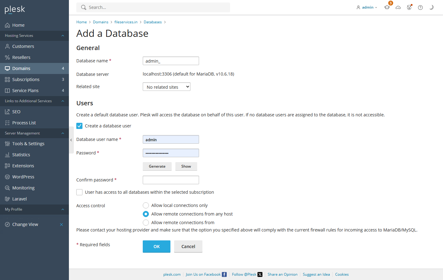 Database configuration settings in Plesk, including database name, username, and password setup