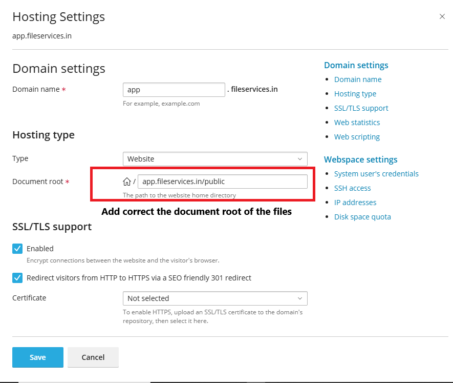 Setting the document root to the /public directory in Plesk for the tuning file platform