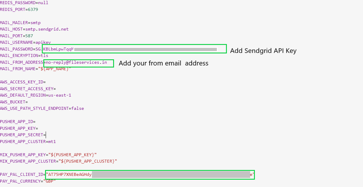 Configuration of the .env file, Part 1, showing settings for the application URL and database