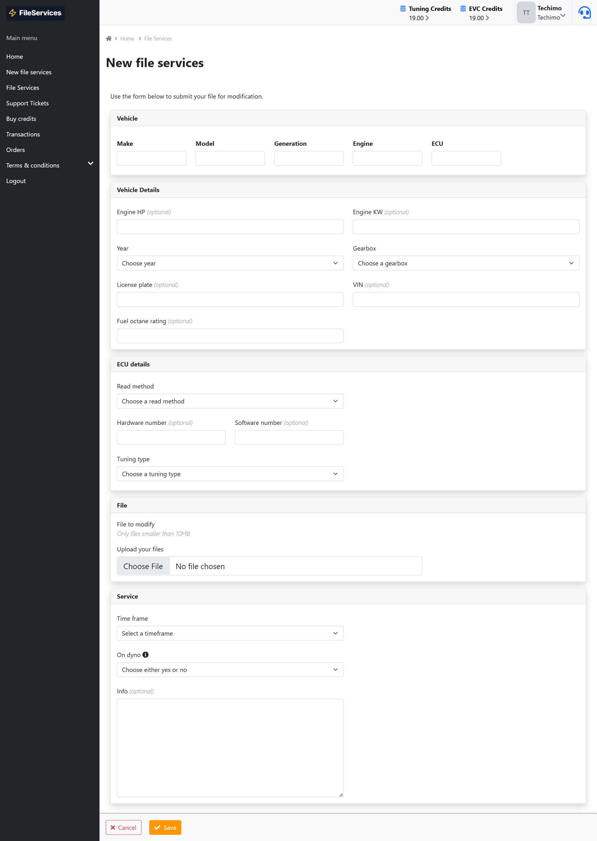 Automotive tuning file platform registration form showing all required fields for ECU file management