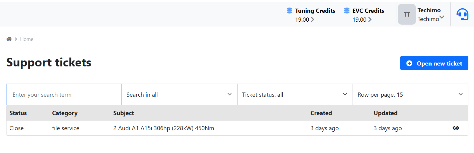 Tuning file management interface showing uploaded ECU files and their processing status