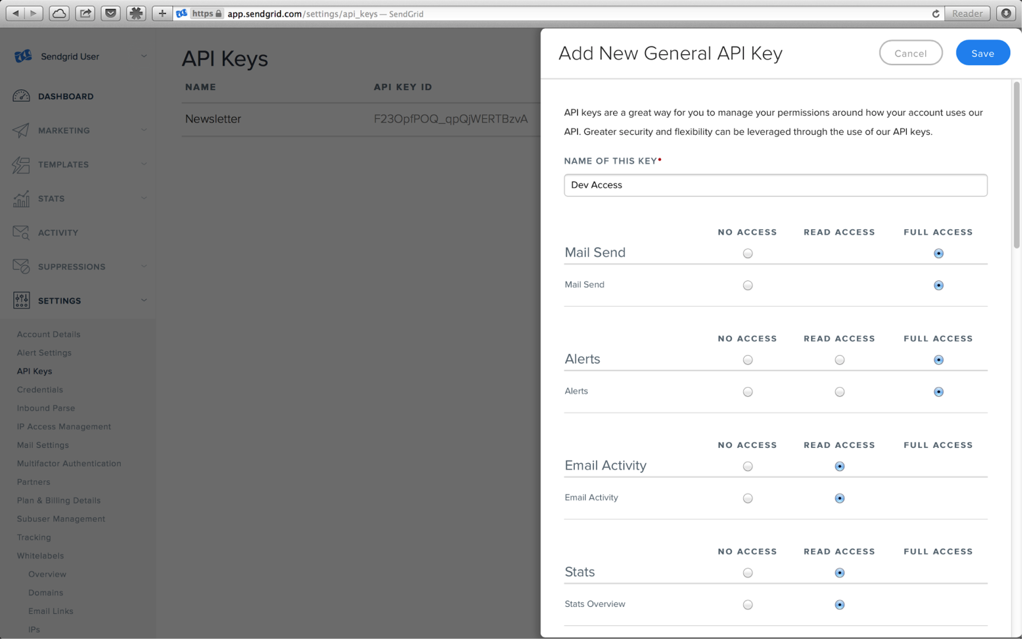 Setting API Key permissions in SendGrid as an example
