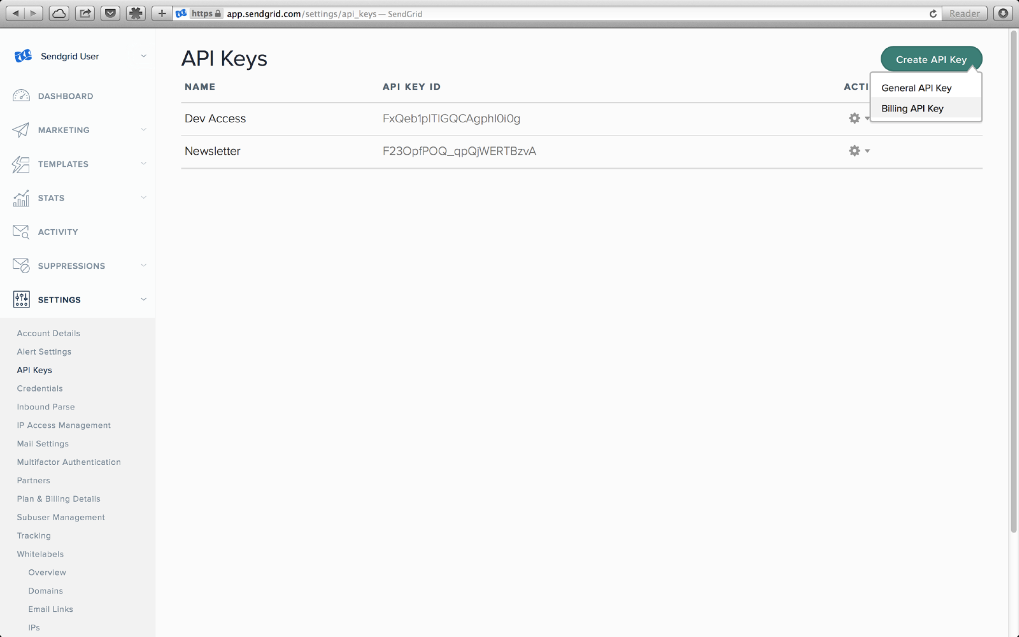 API Keys dashboard example
