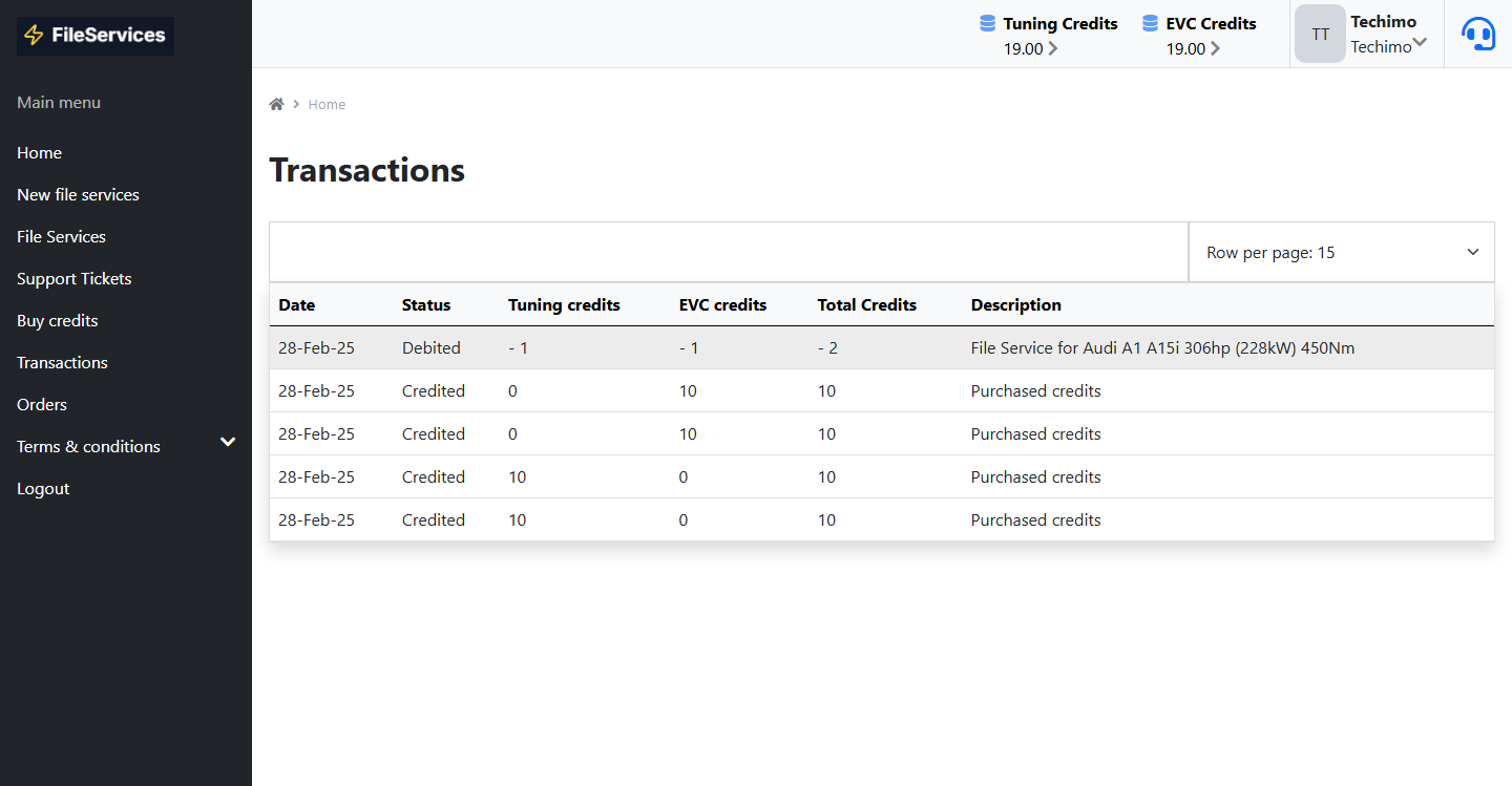Transaction history interface for tuning file customer management