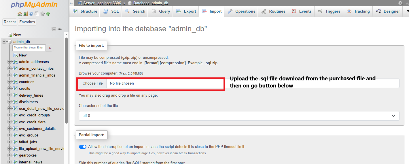 phpMyAdmin interface in Plesk, used for importing the database.sql file for the tuning file platform