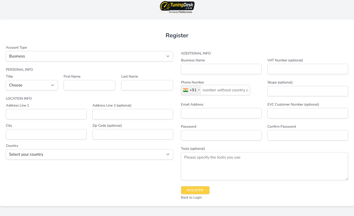 TuningDesk login page showing required credentials for authentication